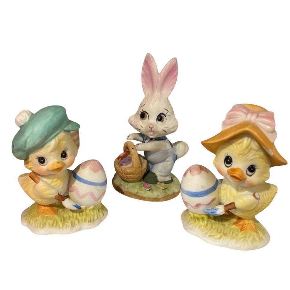 Vintage Lefton China Easter Figurines Set Bunny and Chicks Porcelain Decor